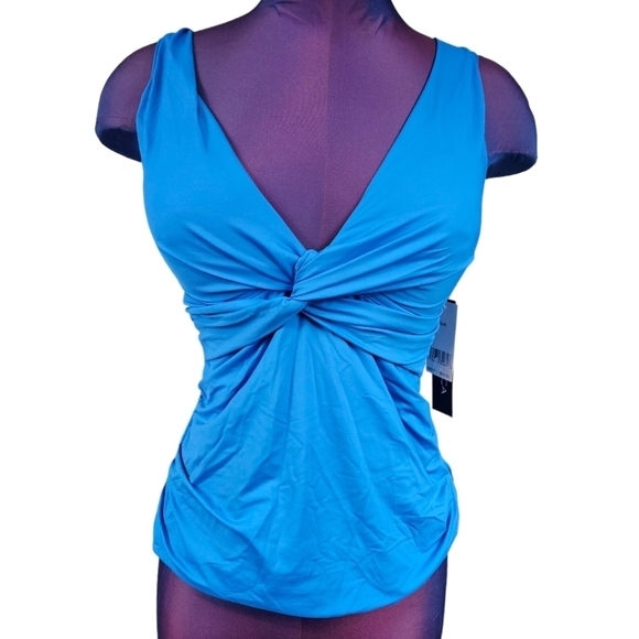 NWT‎ La Blanca Blue Island Goddess Over The Shoulder Twist Front Tankini Top P30